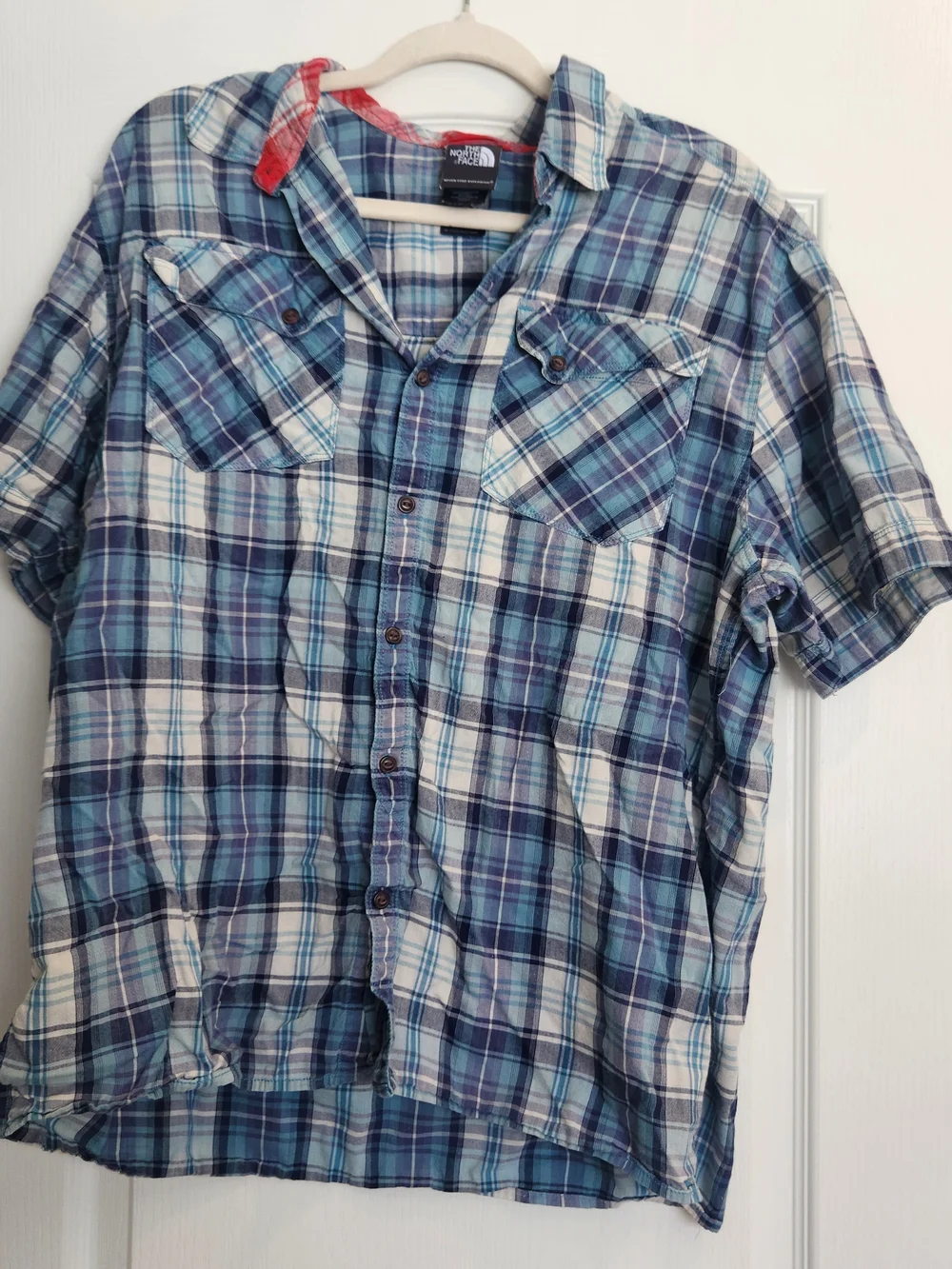 The North Face Blue and White Plaid Short-Sleeve Button-Down Shirt XL Euc